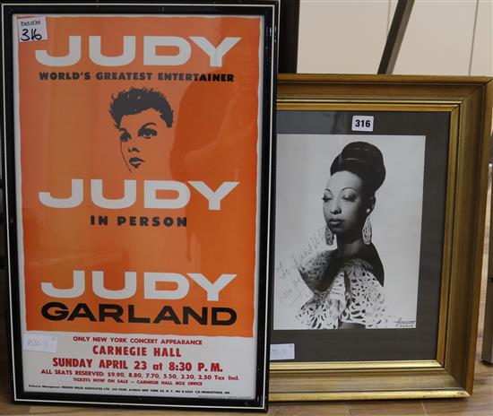 A signed photo of Josephine Baker by Hartout, Paris and a Judy Garland Carnegie Hall poster